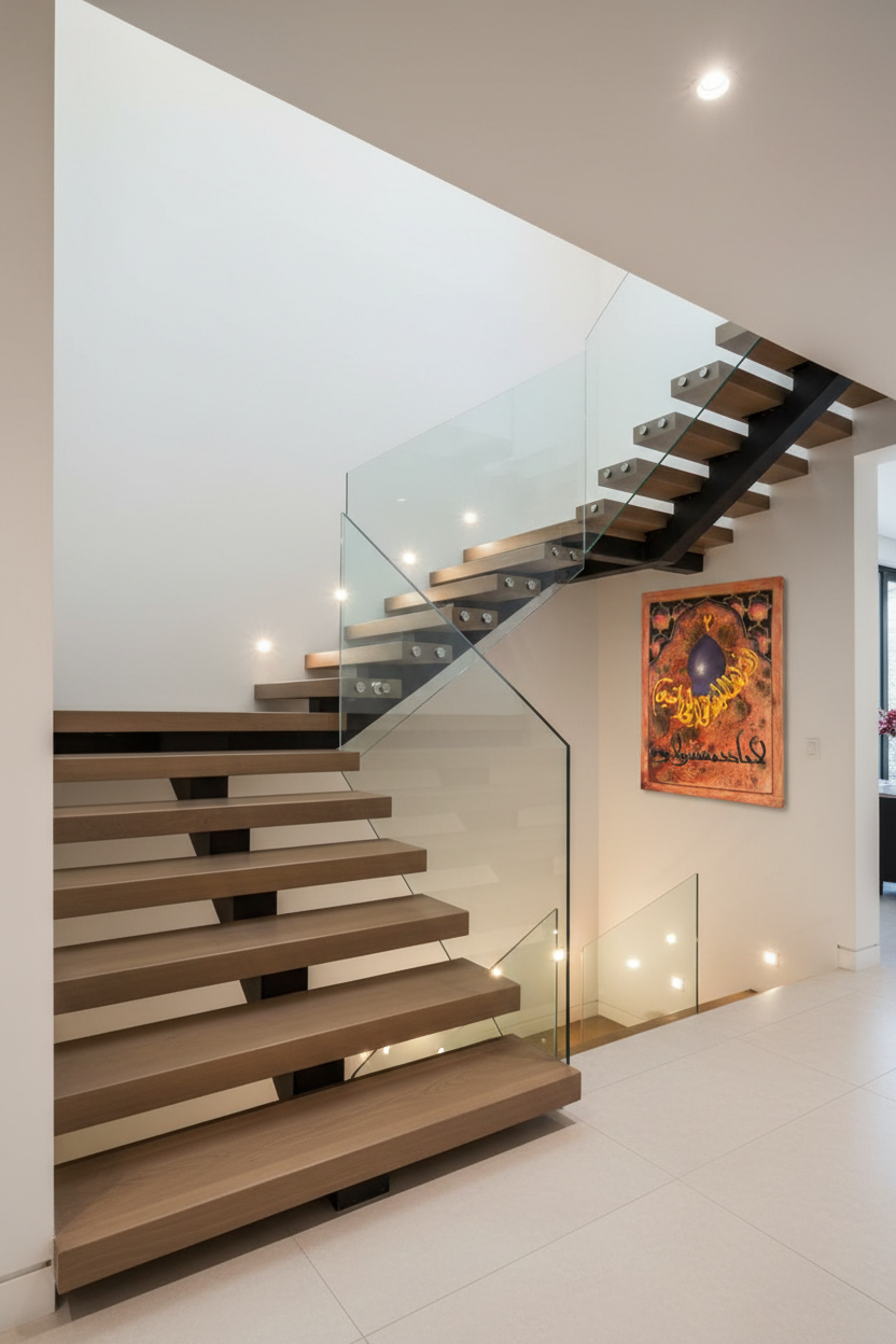 Allahumma Salli Ala Muhammad mosque dome calligraphy panel mounted on staircase wall in elegant home interior