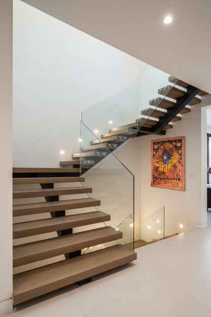 Allahumma Salli Ala Muhammad mosque dome calligraphy panel mounted on staircase wall in elegant home interior