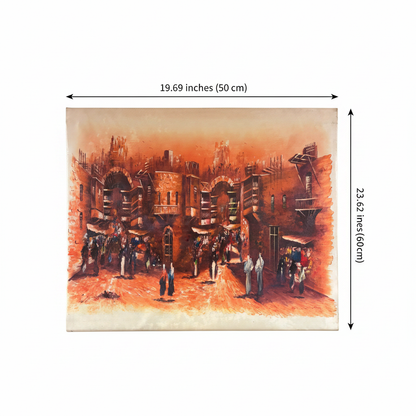 Dimension diagram showing 19.69 inches wide by 23.62 inches tall (50cm × 60cm) for Middle Eastern bazaar oil painting