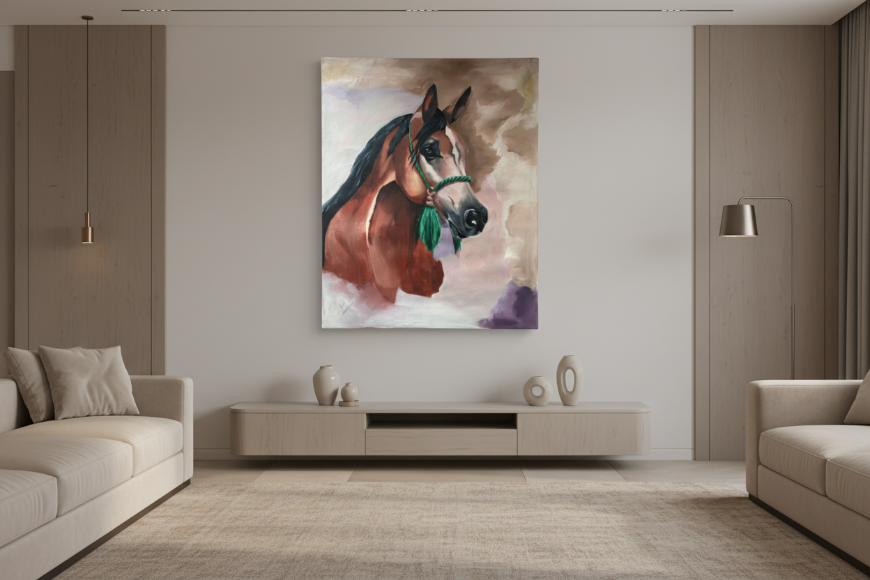Regal chestnut Arabian horse portrait large canvas art displayed in elegant living room lifestyle photo