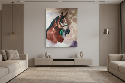 Regal chestnut Arabian horse portrait large canvas art displayed in elegant living room lifestyle photo