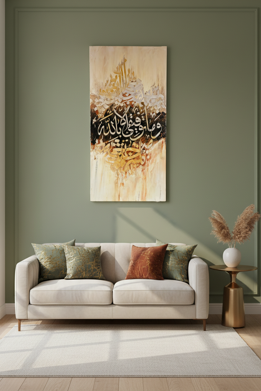 Wa Maa Tawfeeqi Illa Billah Islamic calligraphy canvas art in a cozy sitting area – lifestyle mockup, no frame