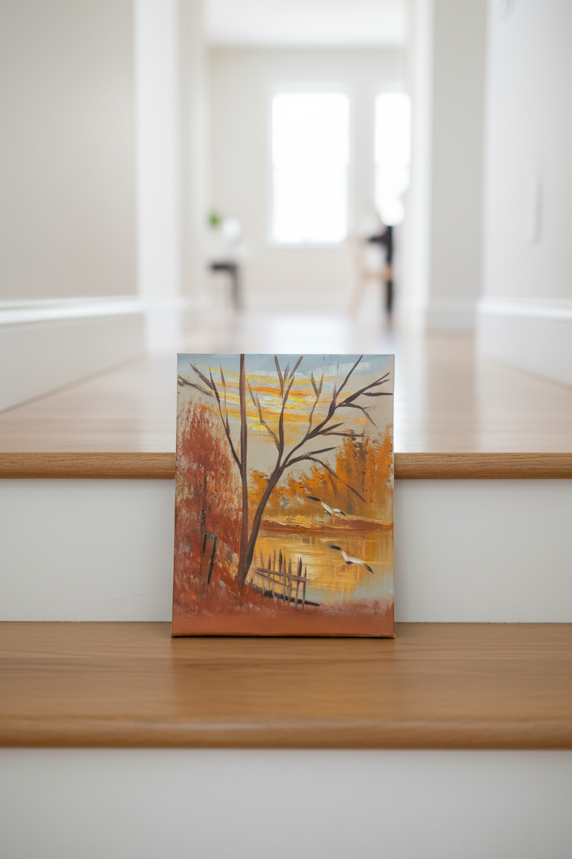 Original autumn riverside cranes oil painting leaning on marble staircase step in luxury home interior