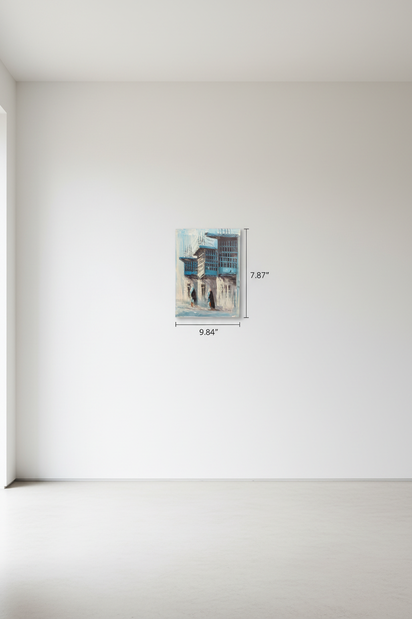 Blue balconies old town street oil painting hung on empty wall – frameless display