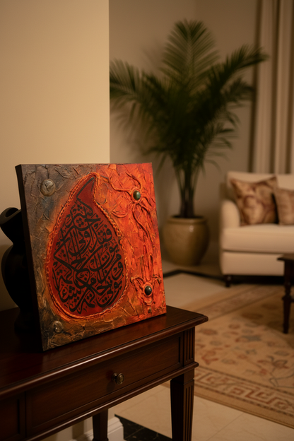 Islamic calligraphy fire teardrop wall art displayed on wooden console stand
