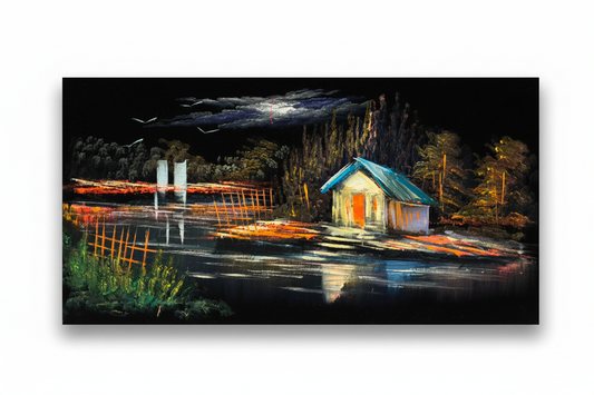 Teal Roof Cottage by the Lake at Night original oil painting on white background with natural shadow