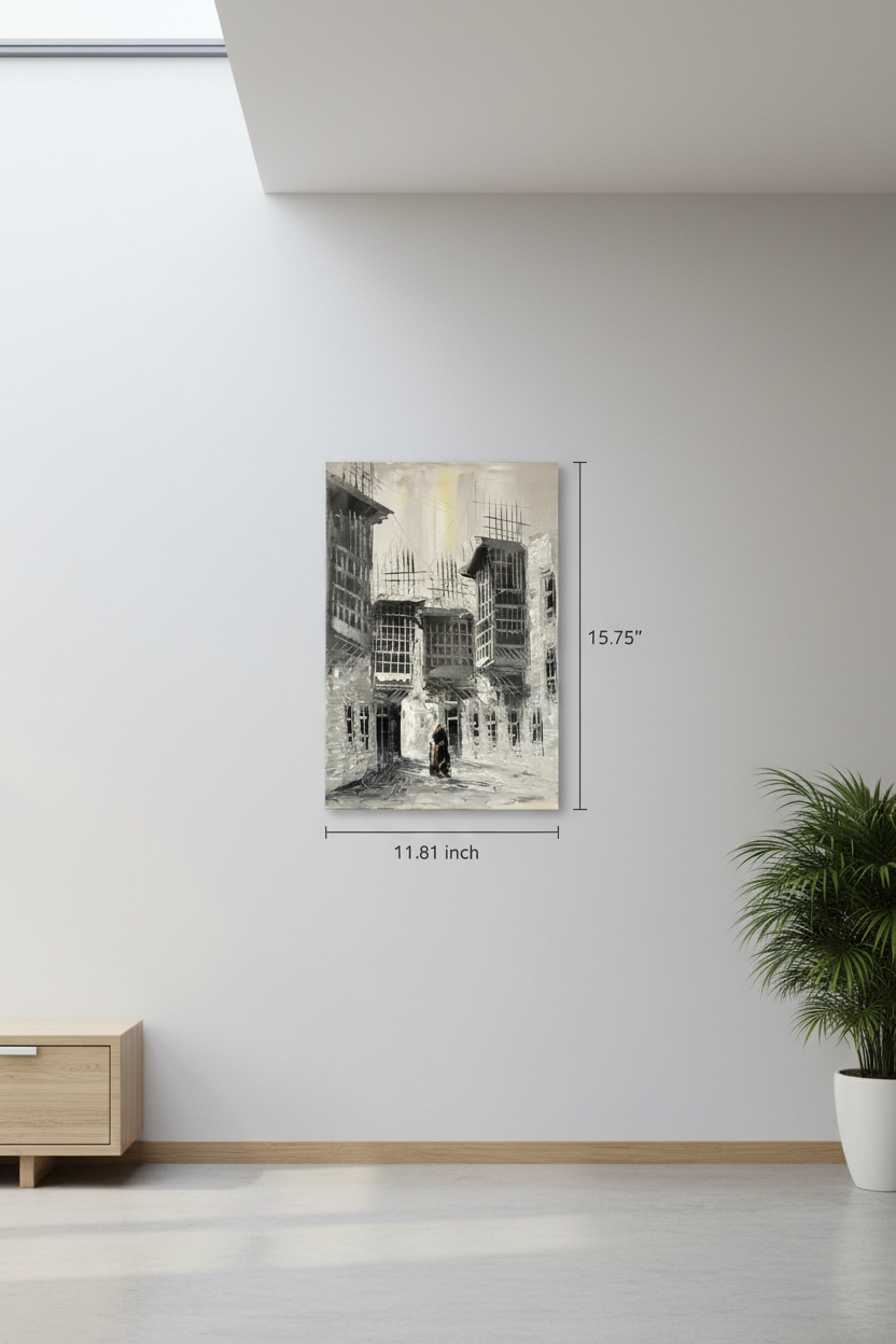 B&W old town lane oil painting hung on empty wall – frameless display