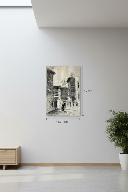 B&W old town lane oil painting hung on empty wall – frameless display