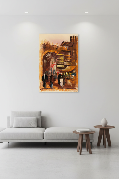 Bazaar painting hung on empty white wall in minimalist living room