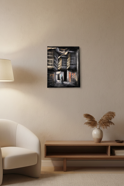 Old city alleyway night canvas art displayed in small cozy room lifestyle photo