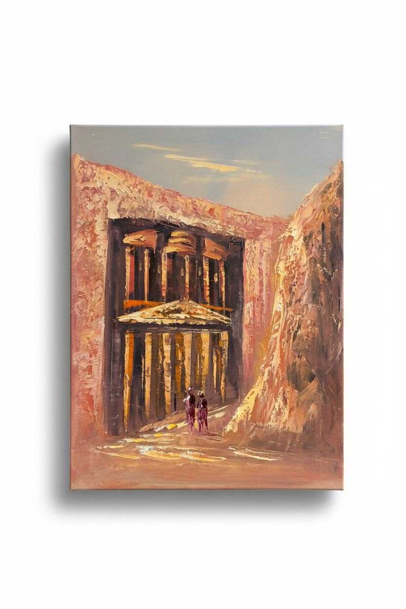 Petra Treasury oil painting isolated with shadow, no background
