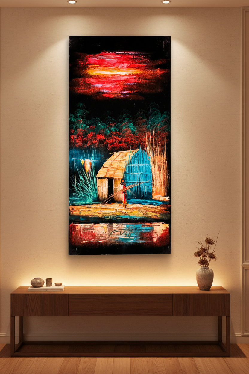 Tropical Village painting displayed in luxury living room area setting