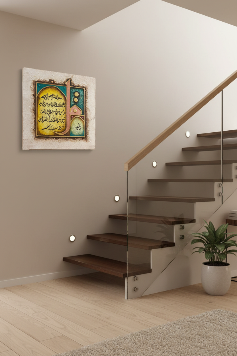 Surah Al-Falaq Teal Edition calligraphy canvas mounted on staircase wall in modern home interior