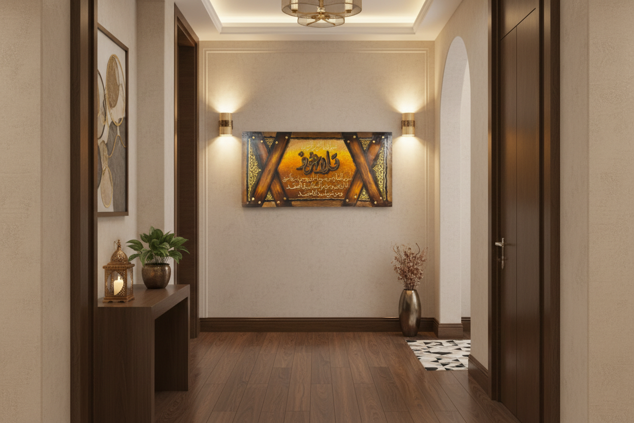 Surah Al-Falaq wood frame canvas displayed in an elegant hallway