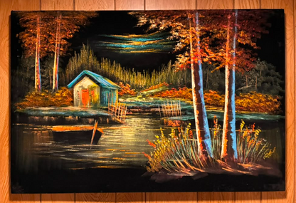 Teal Boathouse Night Scene Canvas Wall Art | Autumn Lake Forest Print 35.4" × 23.6"