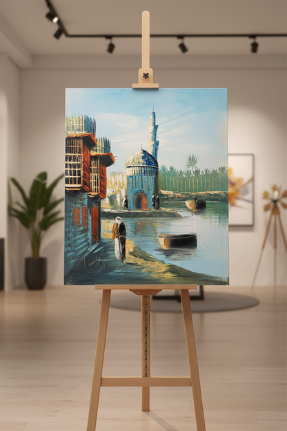 Riverside mosque oil painting displayed on wooden art easel stand, gallery setting, no frame, correct portrait proportions
