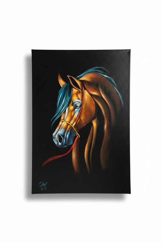 Arabian horse portrait canvas art on white background with shadow — clean product view