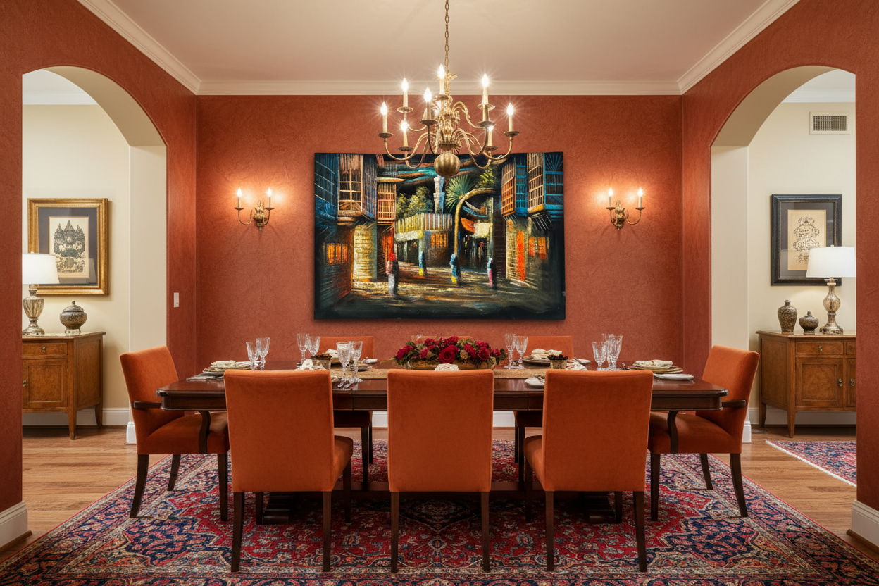 Middle Eastern souk canvas art in sophisticated dining or sitting area — lifestyle interior mockup