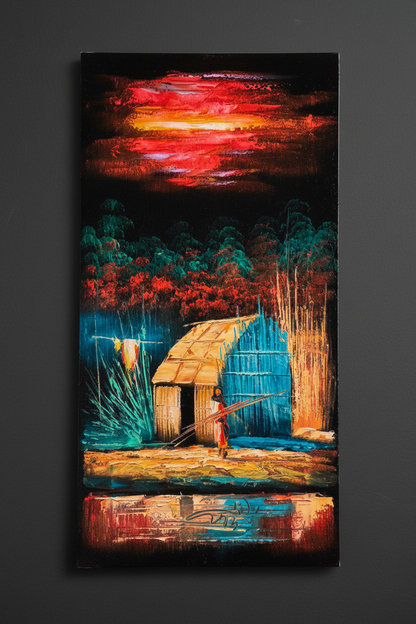 Tropical Village painting displayed on deep charcoal grey wall