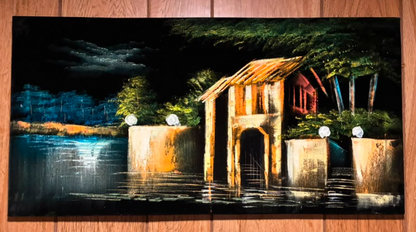 Lantern House – Original Acrylic Waterfront Night Scene Painting