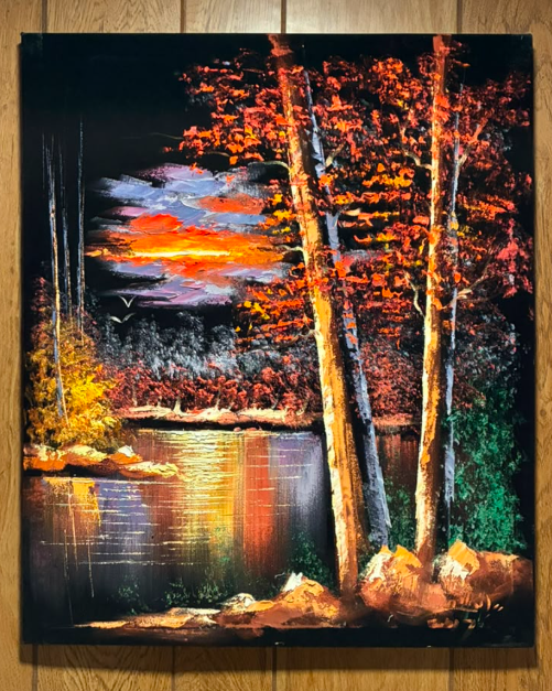 Fiery Autumn Sunset Lakeside Scene – Original Canvas Wall Art 20×24 in