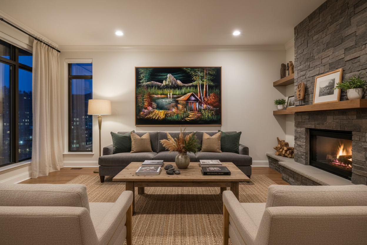 Alpine cabin mountain lake canvas art in elegant luxury living room — lifestyle interior mockup