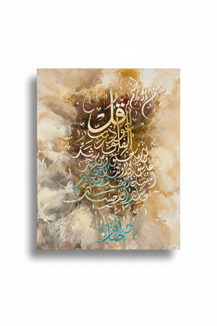 Arabic calligraphy canvas art on white background with shadow, no frame – product shot