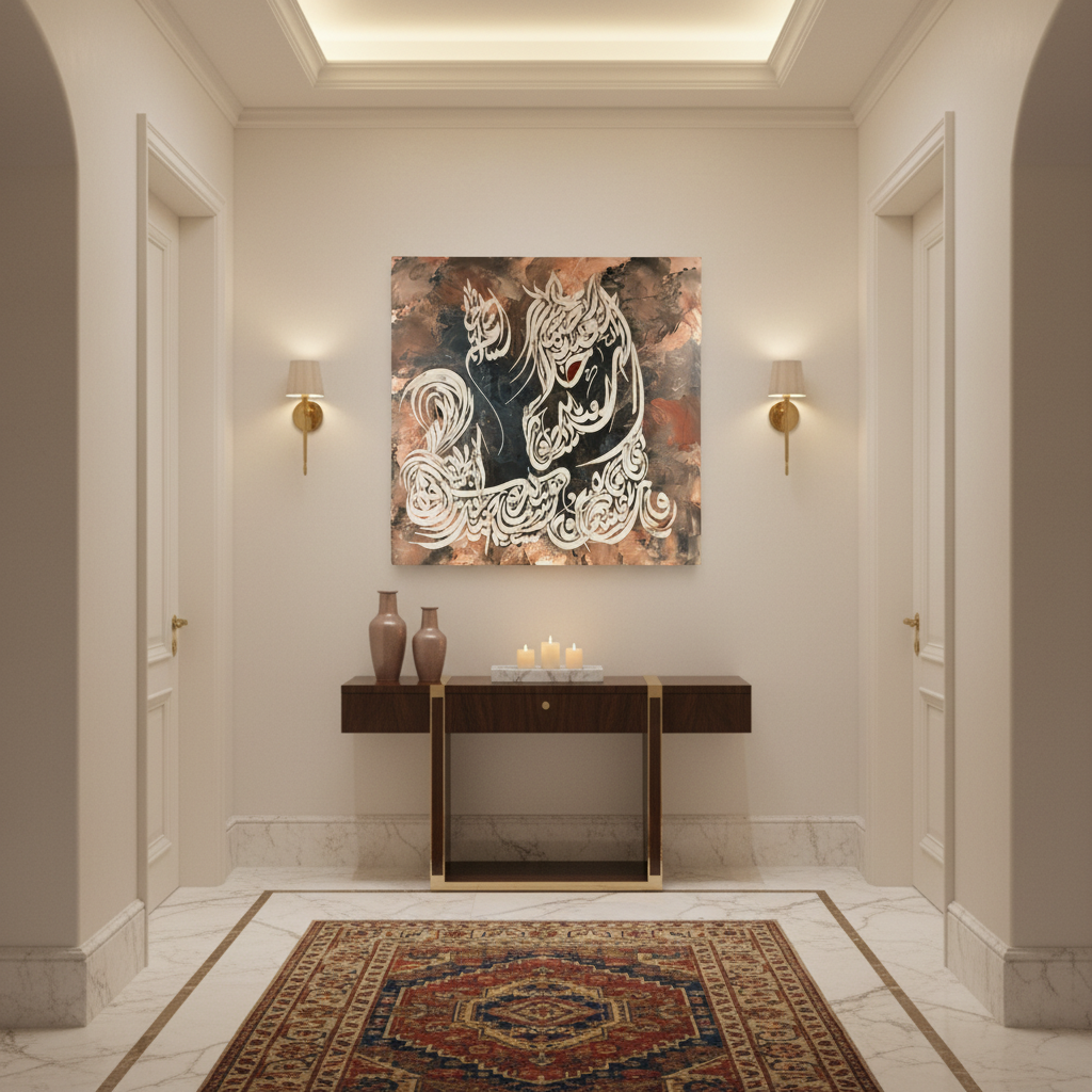 Frameless square Arabic calligraphy canvas art displayed in elegant hallway