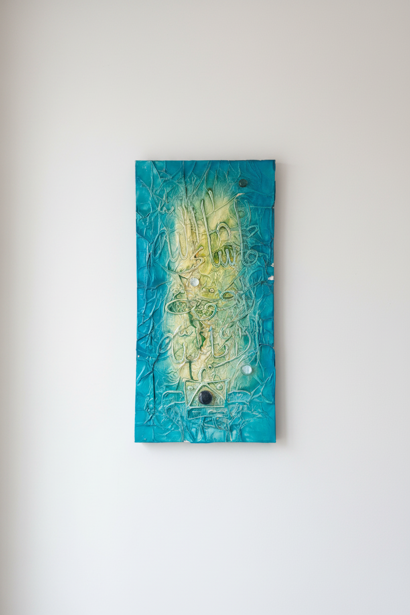 Islamic calligraphy teal aqua canvas on empty white wall