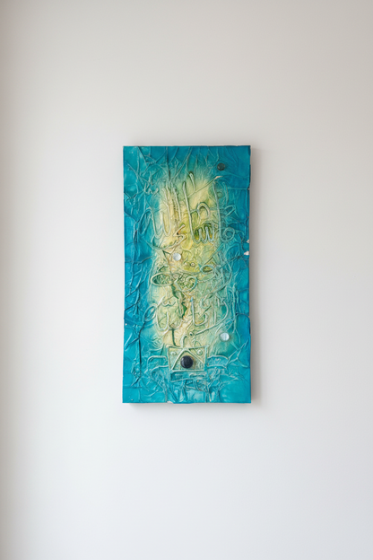 Islamic calligraphy teal aqua canvas on empty white wall