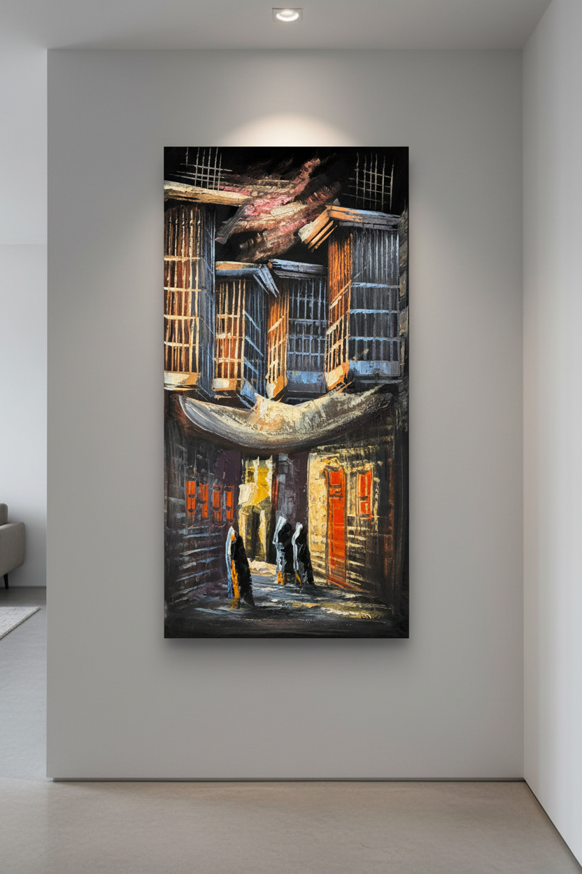 Ancient Alley painting displayed in modern hallway interior setting