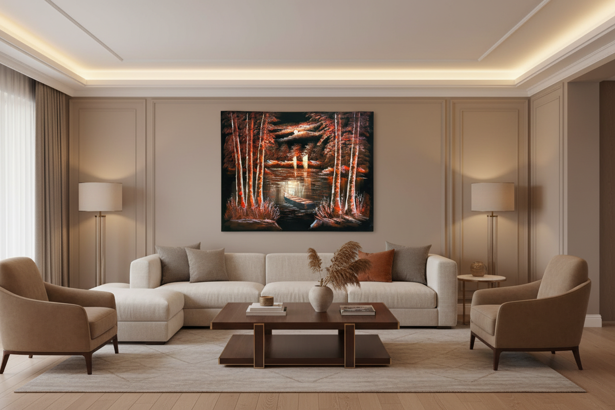 Moonlit Autumn Lake oil painting displayed in a luxury living room — 39.4 x 31.5 inch canvas wall art