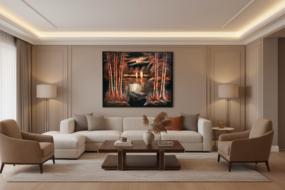 Moonlit Autumn Lake oil painting displayed in a luxury living room — 39.4 x 31.5 inch canvas wall art
