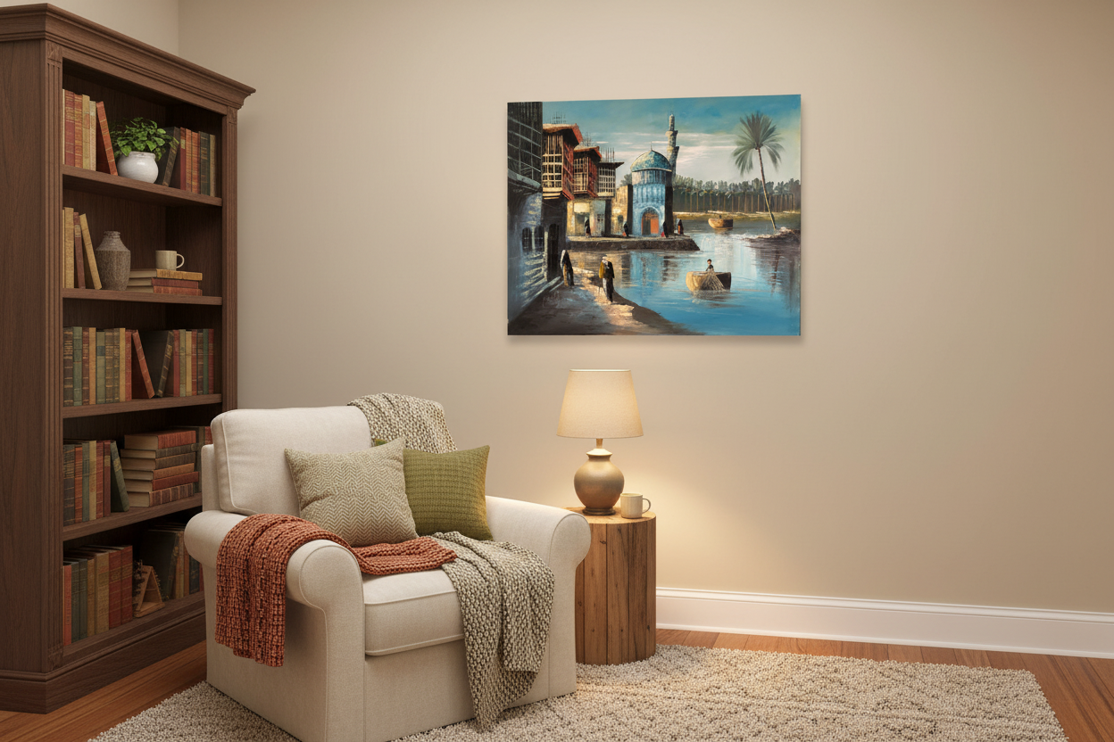 Original Middle Eastern riverside mosque oil painting displayed in a cozy sitting and reading room — frameless wall art