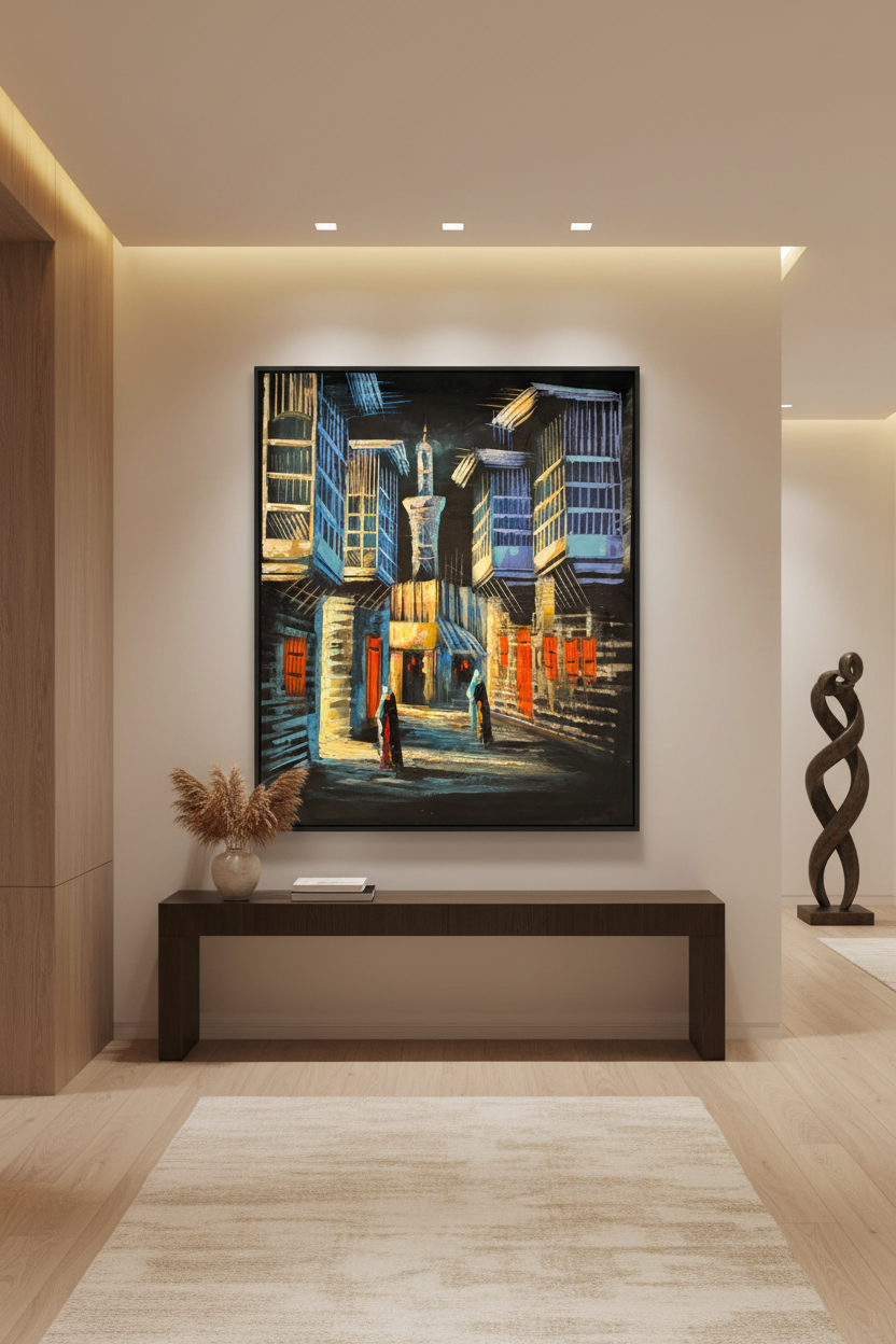 Middle Eastern historic city street night scene canvas art staged in a stylish home hallway