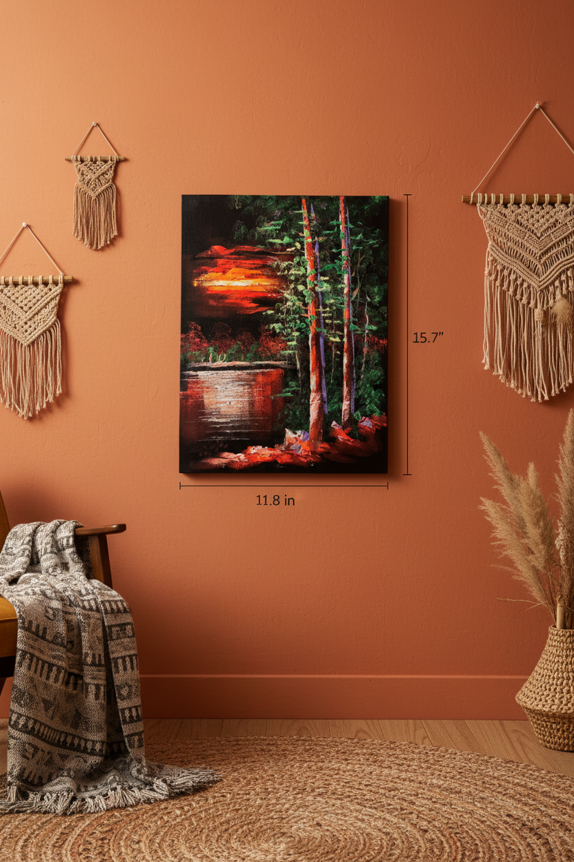 Fiery Sunset Forest by the Lake oil painting on burnt sienna terracotta wall in bohemian living room — no frame, warm amber lifestyle art photography
