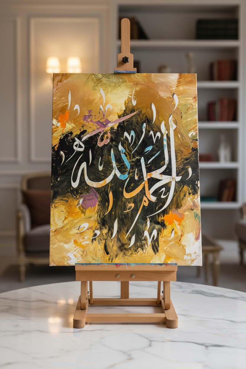 Alhamdulillah Arabic calligraphy canvas art on a wooden easel display stand, portrait orientation, no frame gallery wrap, luxury home decor