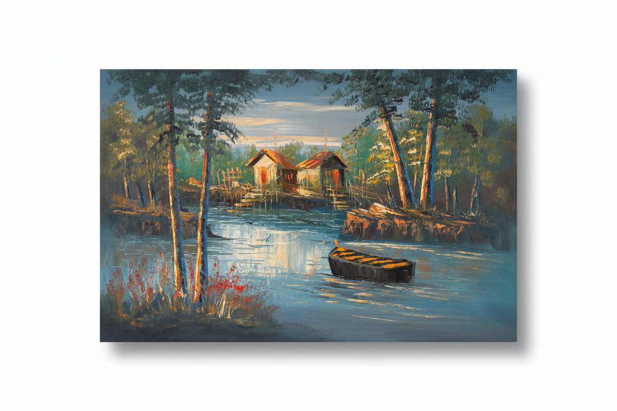 Original twilight lakeside cabin oil painting isolated on white background with natural drop shadow, unframed canvas 35.43 by 23.62 inches