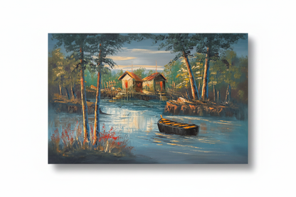 Original twilight lakeside cabin oil painting isolated on white background with natural drop shadow, unframed canvas 35.43 by 23.62 inches