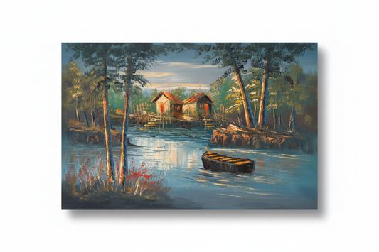 Original twilight lakeside cabin oil painting isolated on white background with natural drop shadow, unframed canvas 35.43 by 23.62 inches