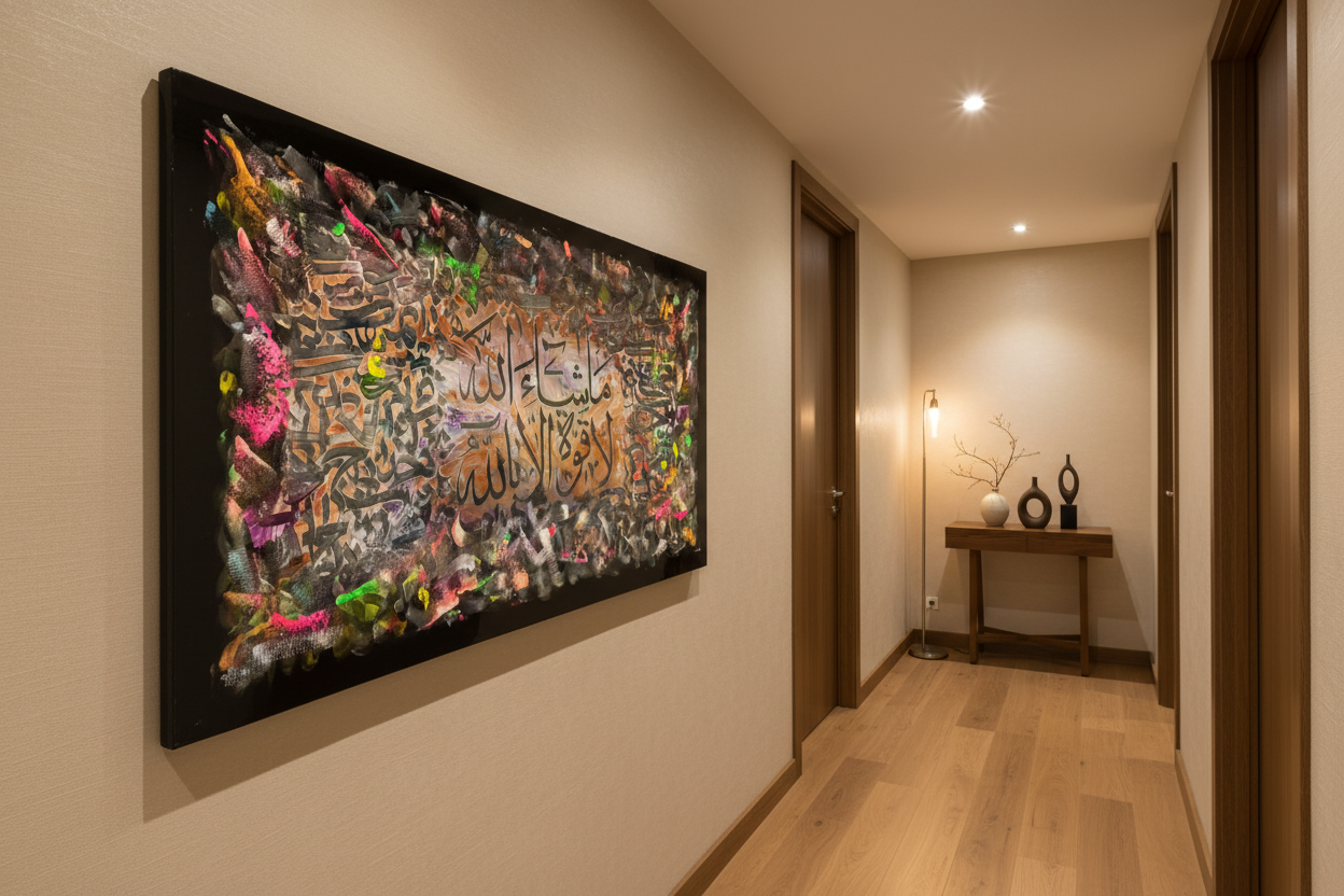 Masha Allah neon resin canvas displayed in an elegant hallway