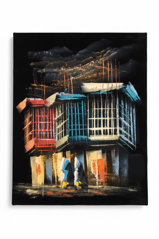 Colorful old city building rain night heritage canvas art on white background product photo