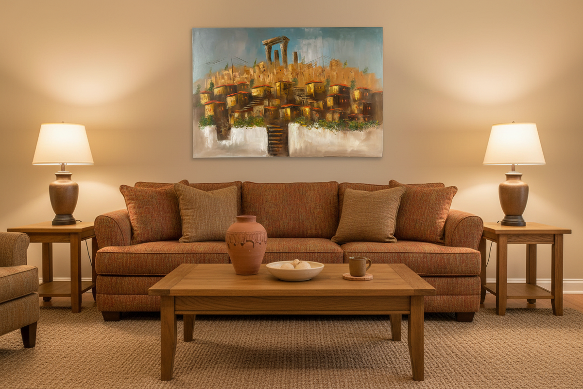 Original ancient hillside city oil painting hung unframed on wall in a warm sandy terracotta family room at true scale 35.43 by 23.62 inches