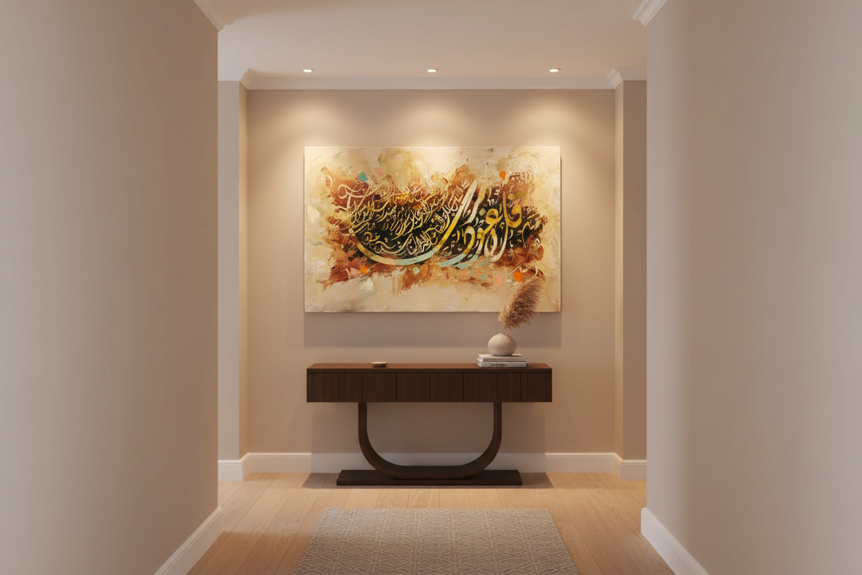 Islamic calligraphy gold teal amber canvas displayed in a modern hallway, no frame