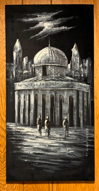 Sacred Sanctuary by Moonlight — Original Oil Painting on Canvas | 11.81" × 23.62"