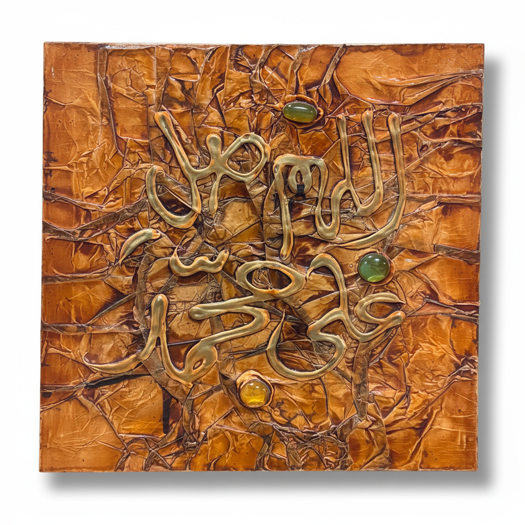 Islamic calligraphy burnt orange copper wall art on white background with shadow