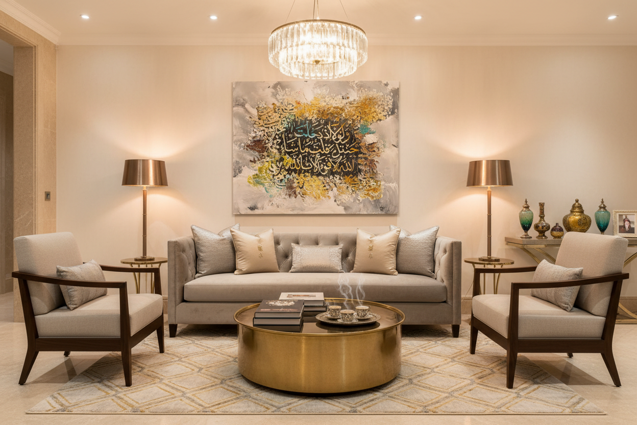 Frameless Arabic calligraphy canvas art displayed in luxury living room interior