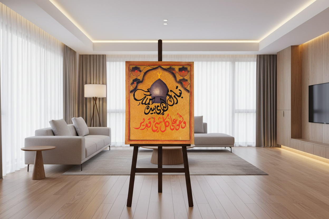 Barak Allahu Feekum mosque dome calligraphy panel displayed on easel stand in modern living room