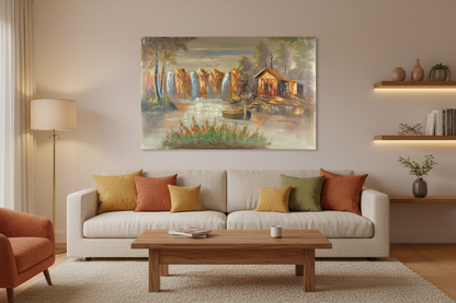 Original autumn canyon cabin waterfall oil painting hung unframed on wall in a cozy warm terracotta family room at true scale 35.43 by 23.62 inches