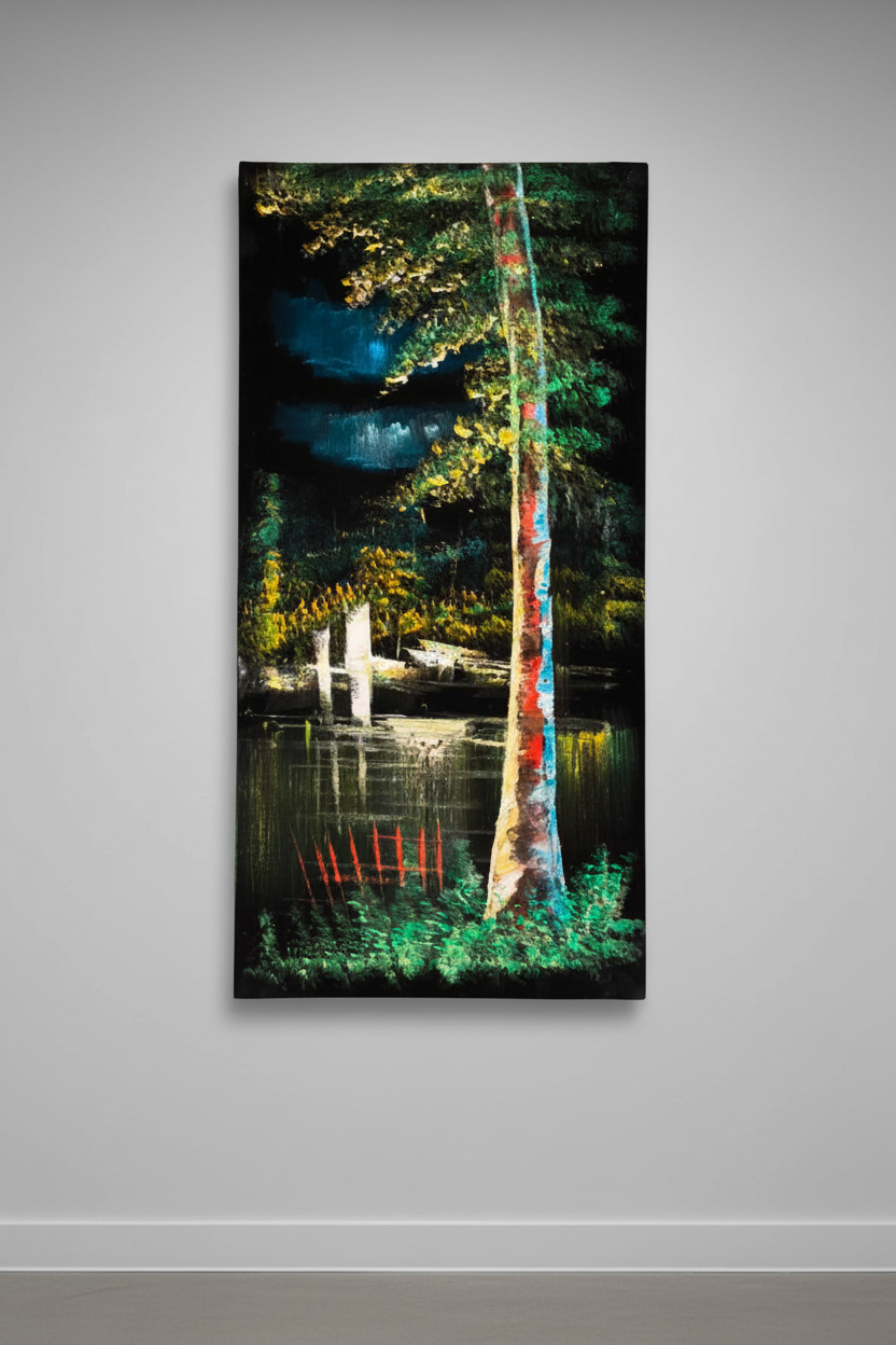 Colorful Birch painting displayed in modern hallway interior setting